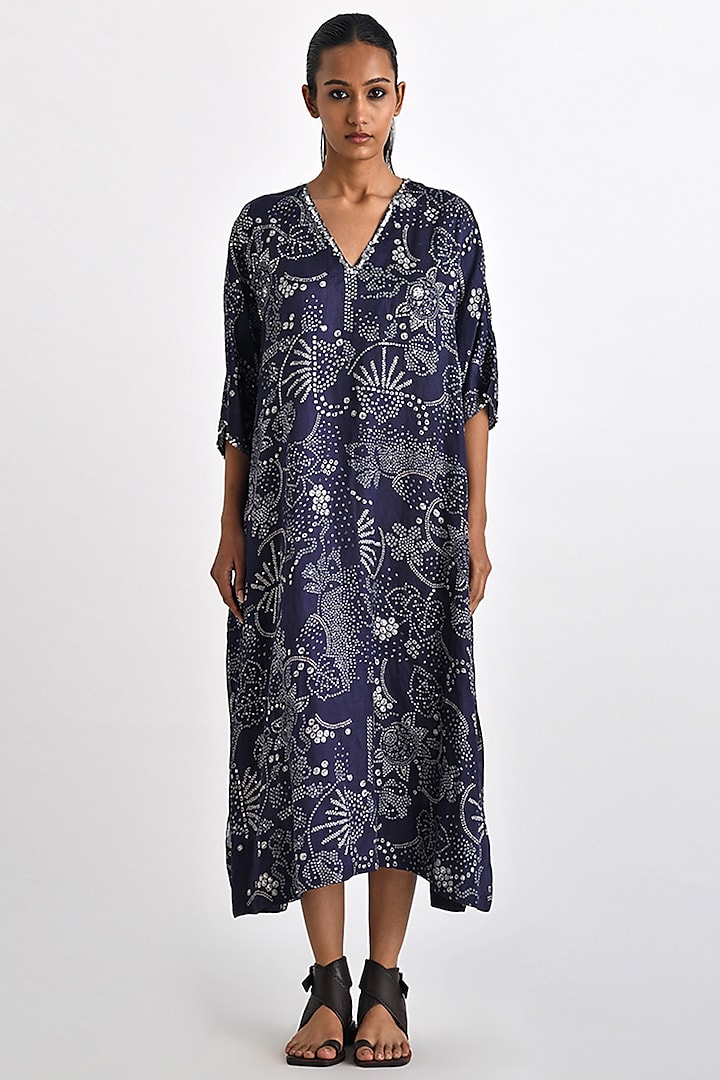 Navy Linen Satin Printed & Embroidered Kaftan by Payal Pratap at Pernia's Pop Up Shop