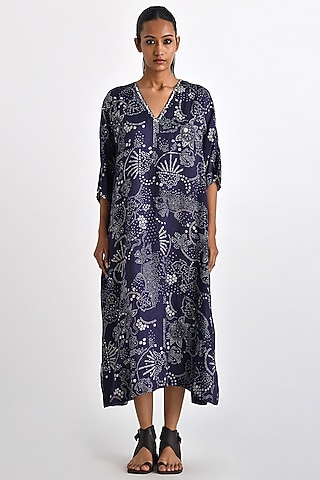 Navy Linen Satin Printed & Embroidered Kaftan by Payal Pratap