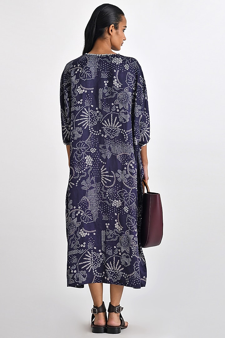 Navy Linen Satin Printed & Embroidered Kaftan by Payal Pratap at Pernia's Pop Up Shop