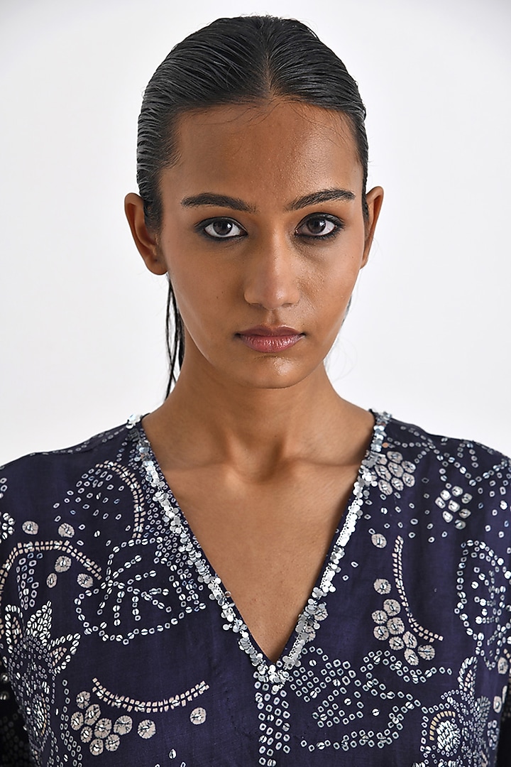 Navy Linen Satin Printed & Embroidered Kaftan by Payal Pratap at Pernia's Pop Up Shop