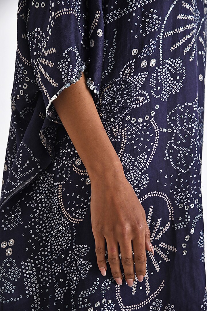 Navy Linen Satin Printed & Embroidered Kaftan by Payal Pratap at Pernia's Pop Up Shop