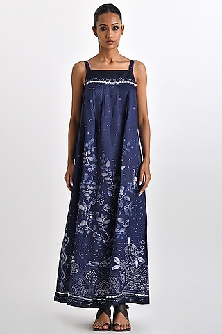 Navy Linen Satin Printed & Embroidered Strappy Dress by Payal Pratap