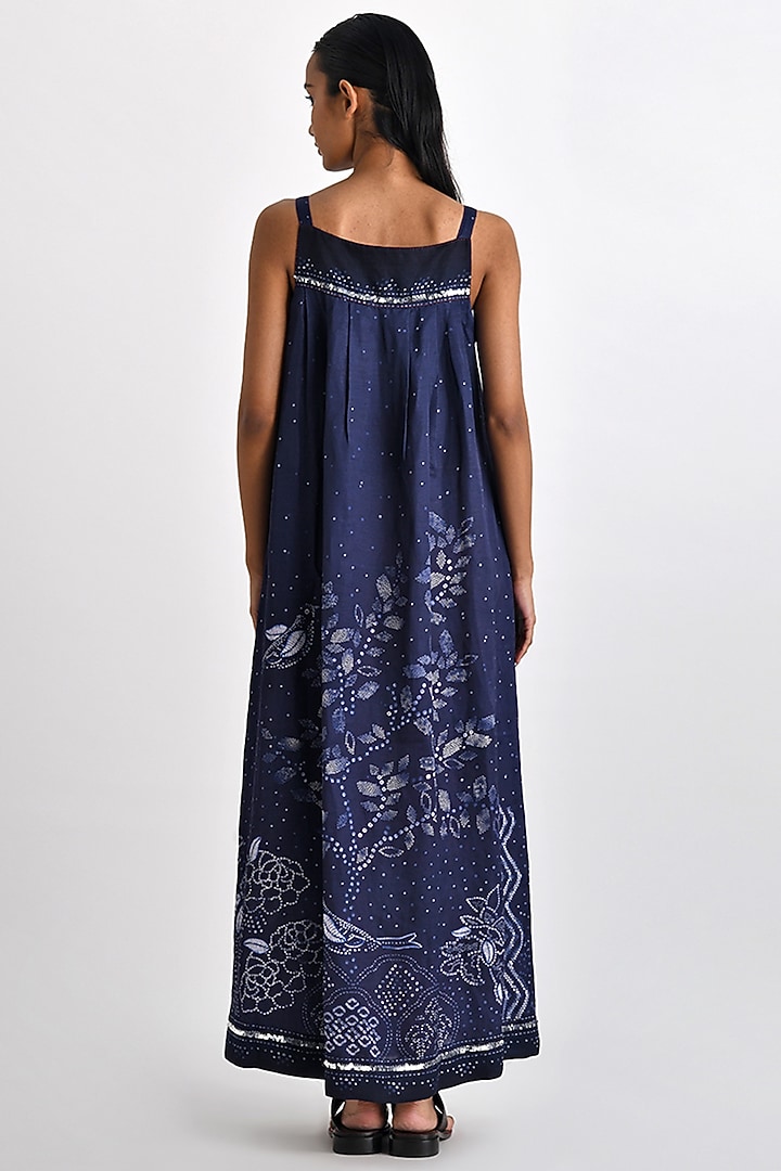 Navy Linen Satin Printed & Embroidered Strappy Vacation Dress by Payal Pratap at Pernia's Pop Up Shop