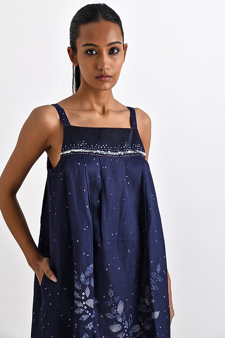 Navy Linen Satin Printed & Embroidered Strappy Vacation Dress by Payal Pratap at Pernia's Pop Up Shop