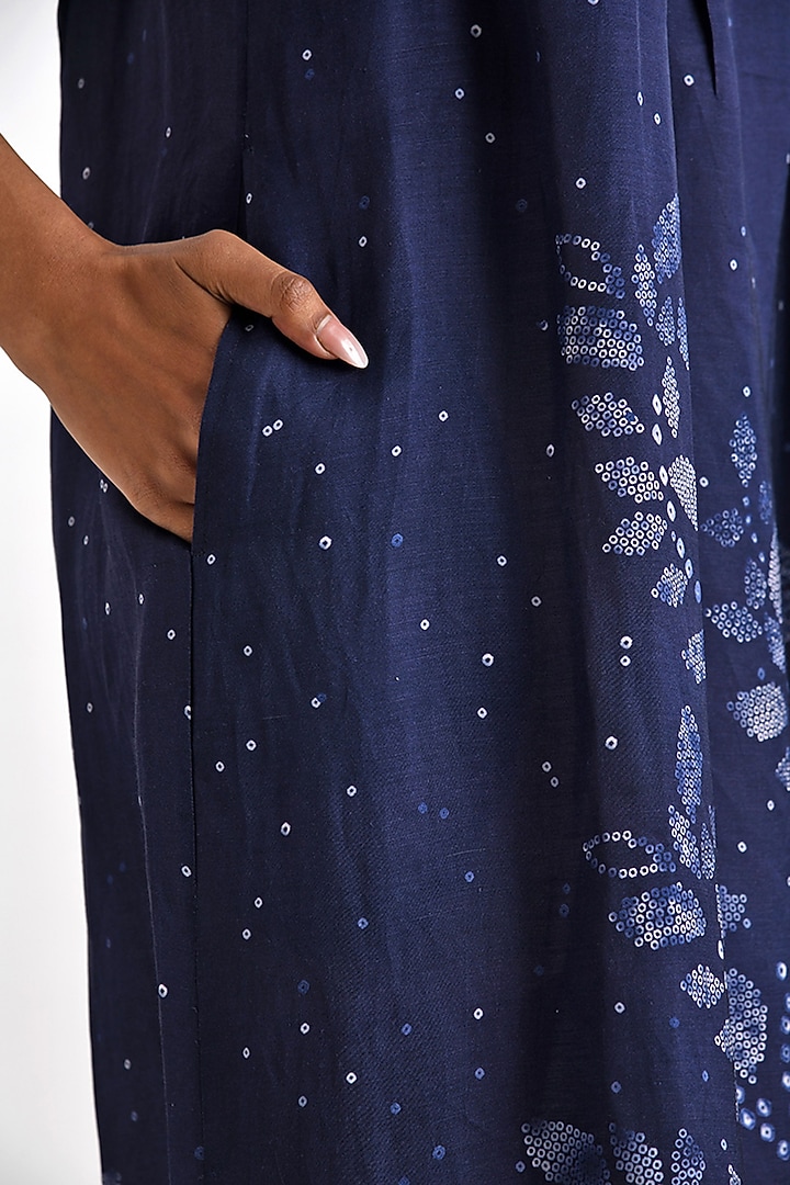 Navy Linen Satin Printed & Embroidered Strappy Vacation Dress by Payal Pratap at Pernia's Pop Up Shop