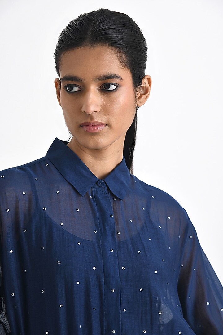 Navy Chanderi Sequins Embroidered Top by Payal Pratap at Pernia's Pop Up Shop