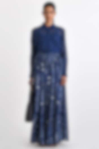 Navy Silk Bandhani Printed Pleated Maxi Skirt by Payal Pratap at Pernia's Pop Up Shop