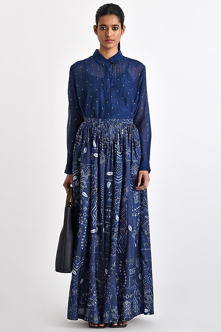 Navy Silk Bandhani Printed Pleated Maxi Skirt by Payal Pratap at Pernia's Pop Up Shop