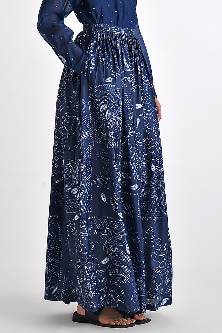 Navy Silk Bandhani Printed Pleated Maxi Skirt by Payal Pratap at Pernia's Pop Up Shop