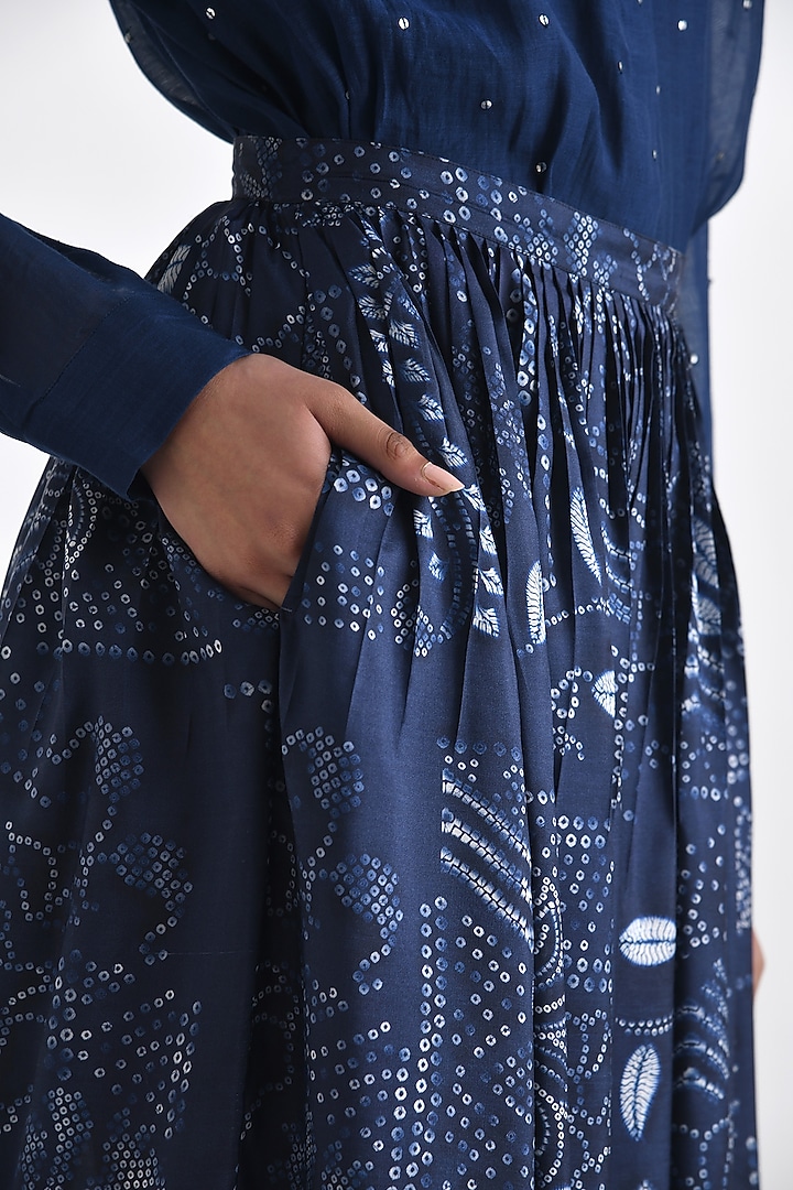 Navy Silk Bandhani Printed Pleated Maxi Skirt by Payal Pratap at Pernia's Pop Up Shop