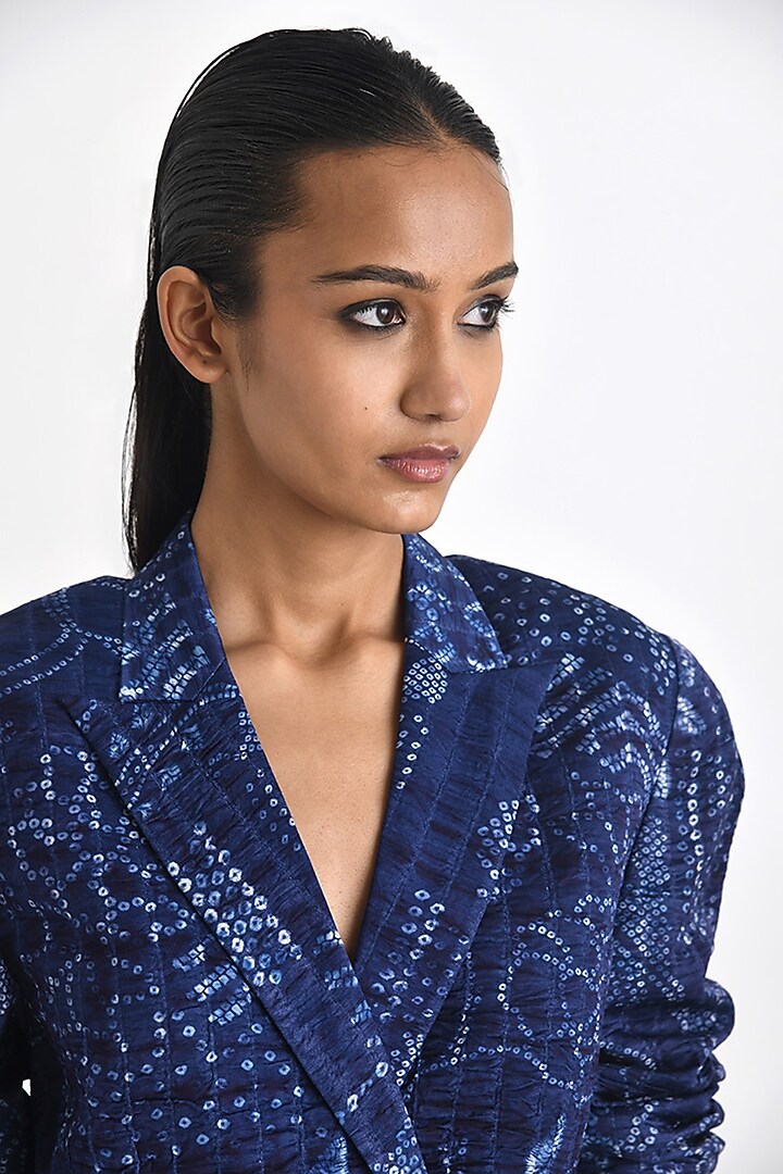 Navy Linen Satin Bandhani Printed Jacket by Payal Pratap at Pernia's Pop Up Shop