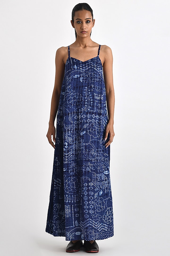 Navy Linen Satin Bandhani Printed Strappy Dress by Payal Pratap at Pernia's Pop Up Shop