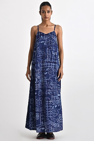 Navy Linen Satin Bandhani Printed Strappy Dress by Payal Pratap
