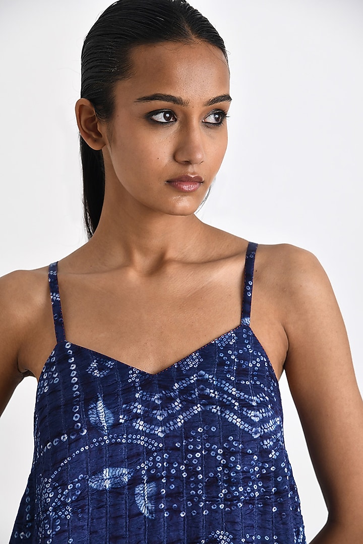 Navy Linen Satin Bandhani Printed Strappy Cocktail Dress by Payal Pratap at Pernia's Pop Up Shop