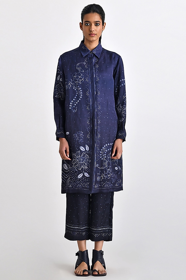 Navy Linen Satin Bandhani Printed Tunic Set by Payal Pratap at Pernia's Pop Up Shop