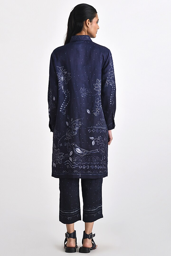 Navy Linen Satin Bandhani Printed Tunic Set by Payal Pratap at Pernia's Pop Up Shop