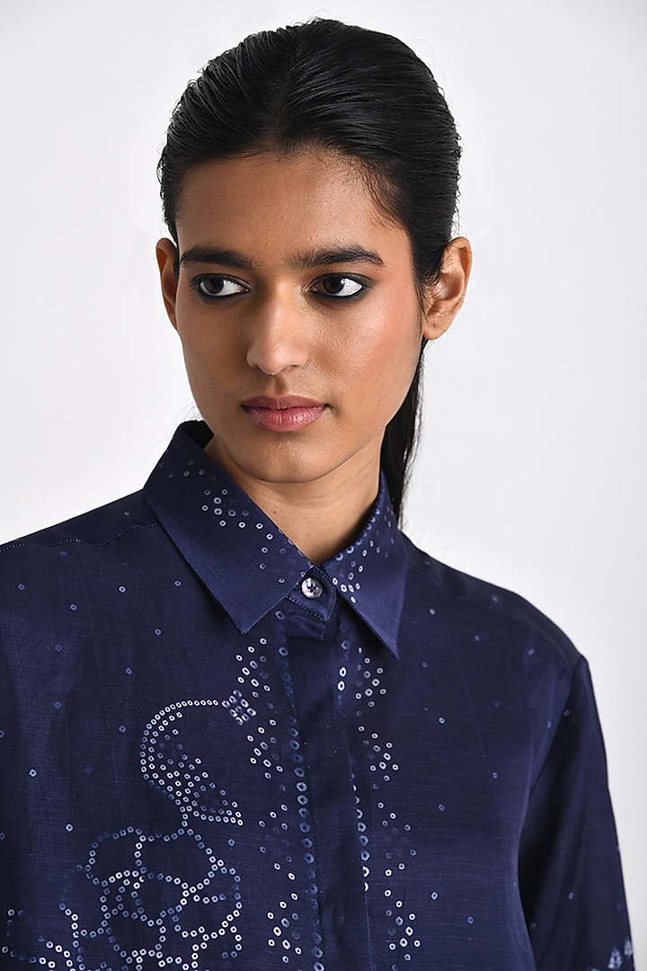 Navy Linen Satin Bandhani Printed Tunic Set by Payal Pratap at Pernia's Pop Up Shop