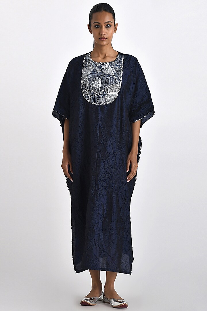 Navy Crushed Silk Sequins Hand Embroidered Kaftan by Payal Pratap at Pernia's Pop Up Shop