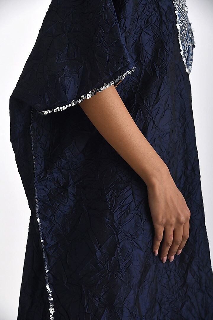 Navy Crushed Silk Sequins Hand Embroidered Kaftan by Payal Pratap at Pernia's Pop Up Shop