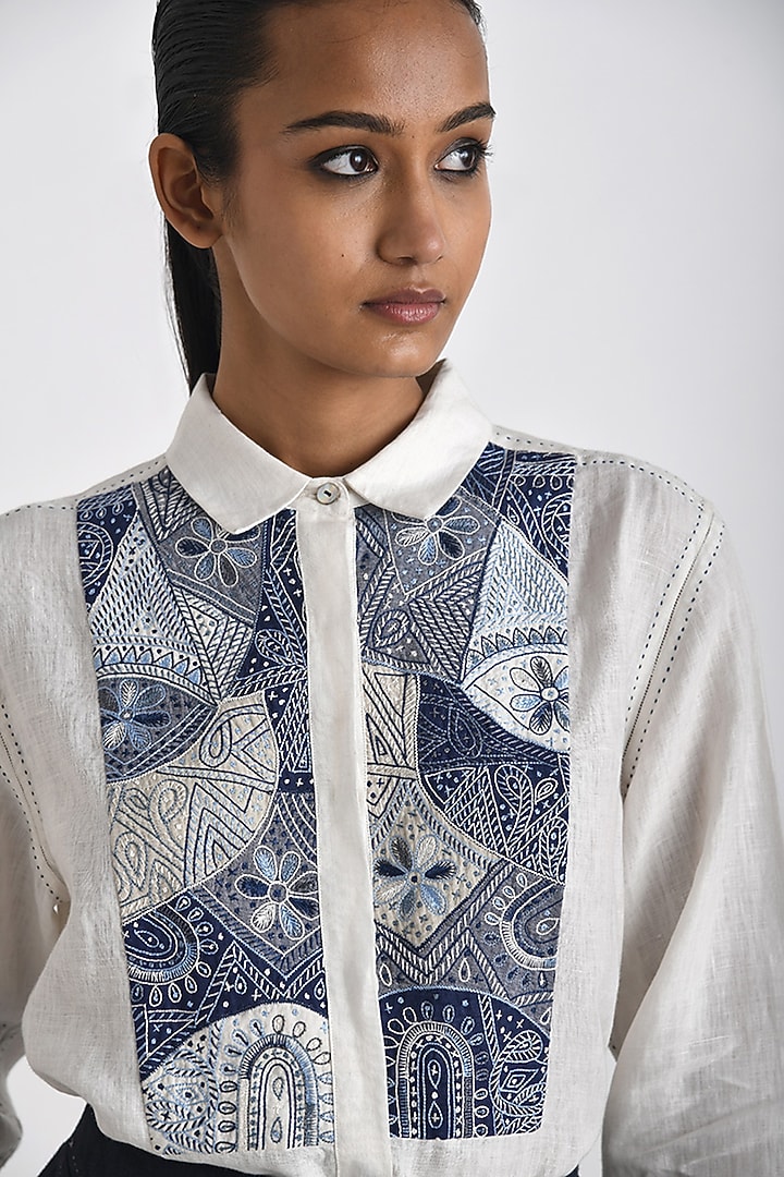 Ivory Linen Patch Work Shirt by Payal Pratap at Pernia's Pop Up Shop