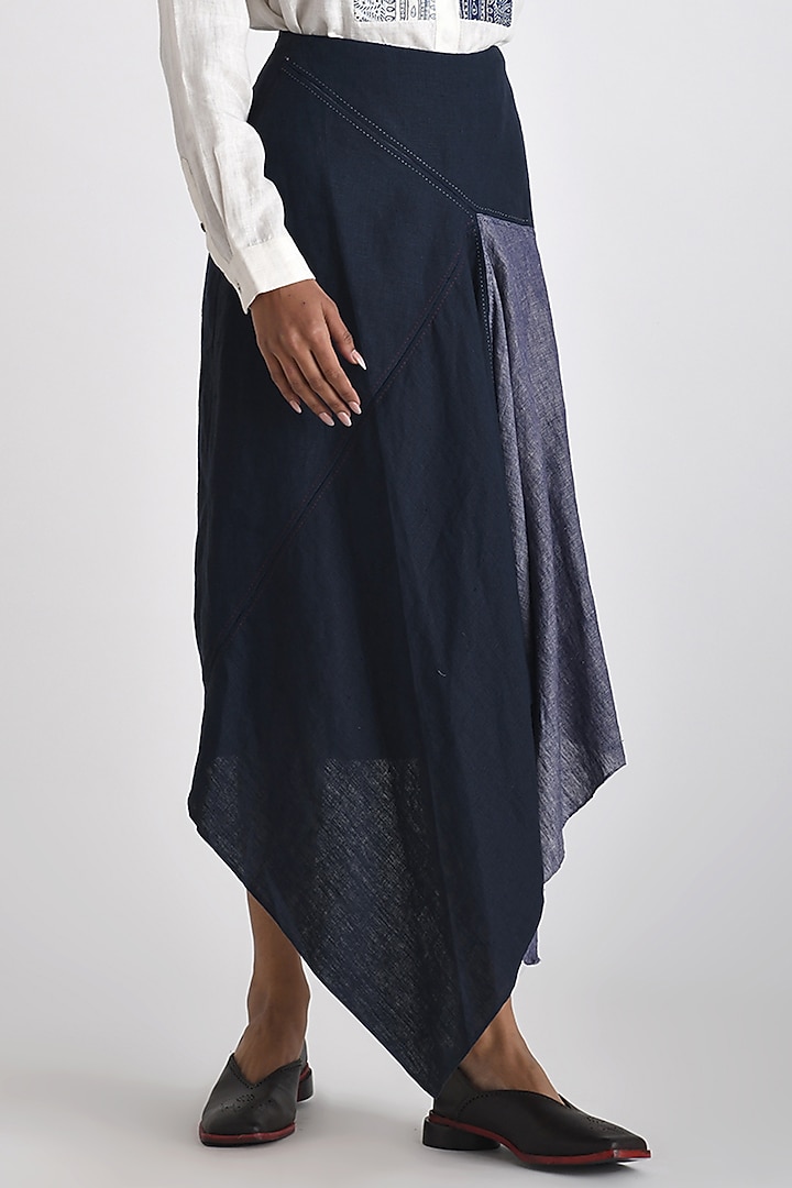 Navy Linen Asymmetric Paneled A-Line Maxi Skirt by Payal Pratap at Pernia's Pop Up Shop