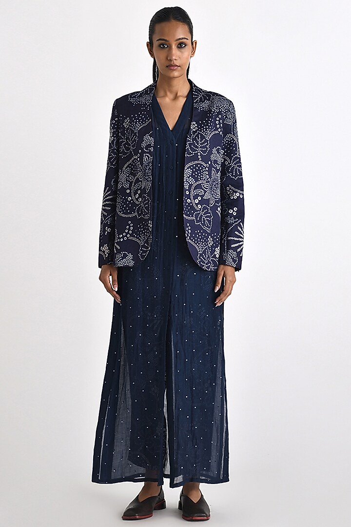 Navy Linen Satin Front Open Jacket by Payal Pratap at Pernia's Pop Up Shop