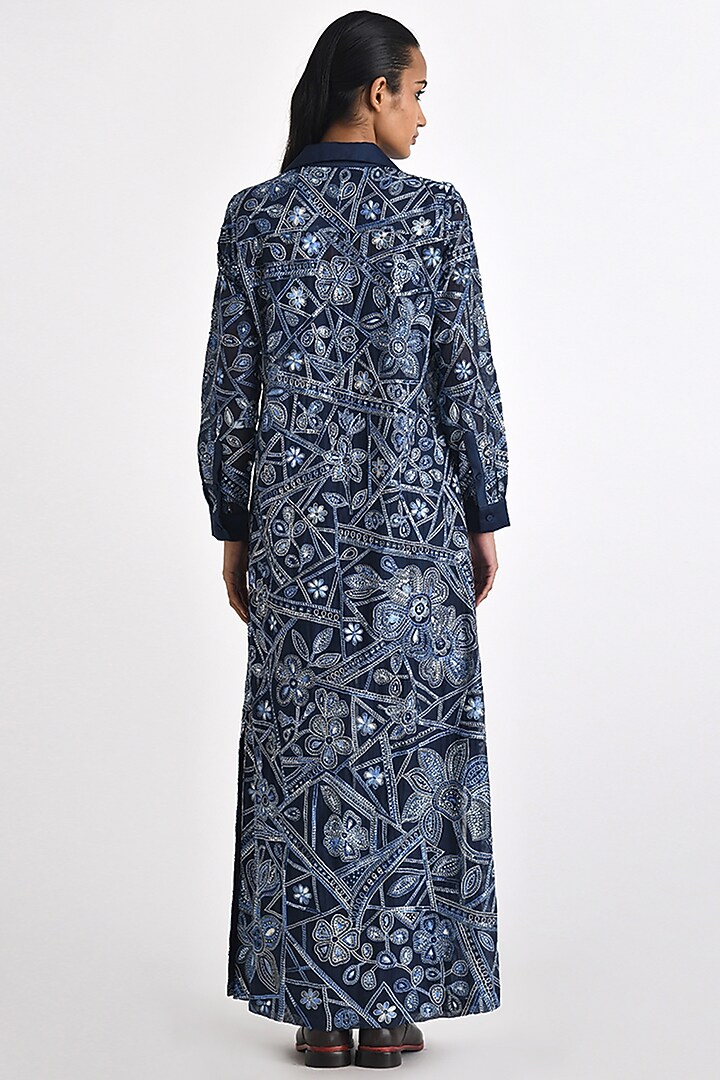 Navy Chanderi Thread & Sequins Embroidered Party Wear Shirt Dress by Payal Pratap at Pernia's Pop Up Shop