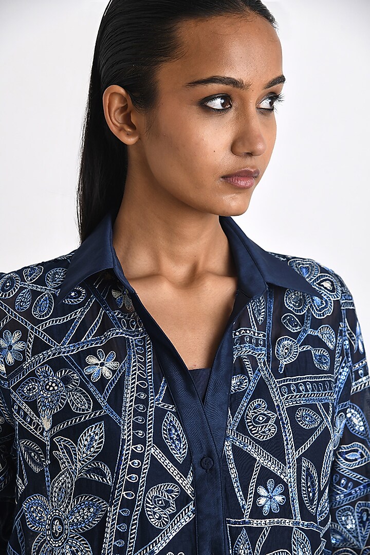 Navy Chanderi Thread & Sequins Embroidered Party Wear Shirt Dress by Payal Pratap at Pernia's Pop Up Shop