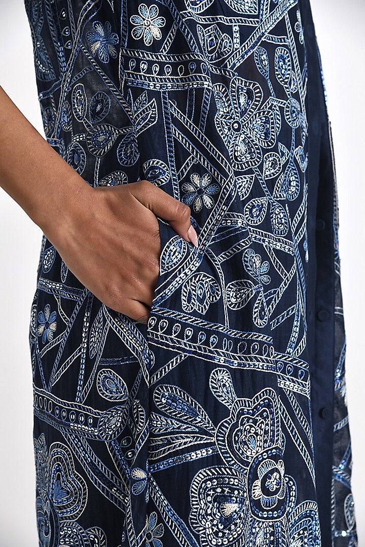 Navy Chanderi Thread & Sequins Embroidered Party Wear Shirt Dress by Payal Pratap at Pernia's Pop Up Shop