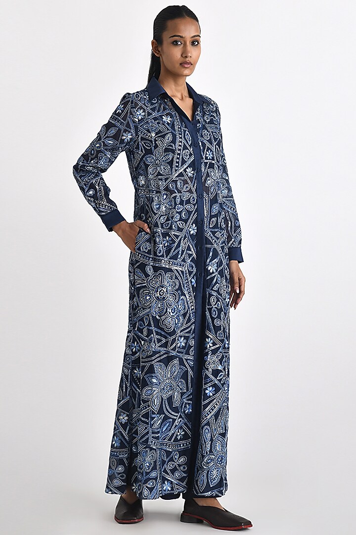 Navy Chanderi Thread & Sequins Embroidered Party Wear Shirt Dress by Payal Pratap at Pernia's Pop Up Shop
