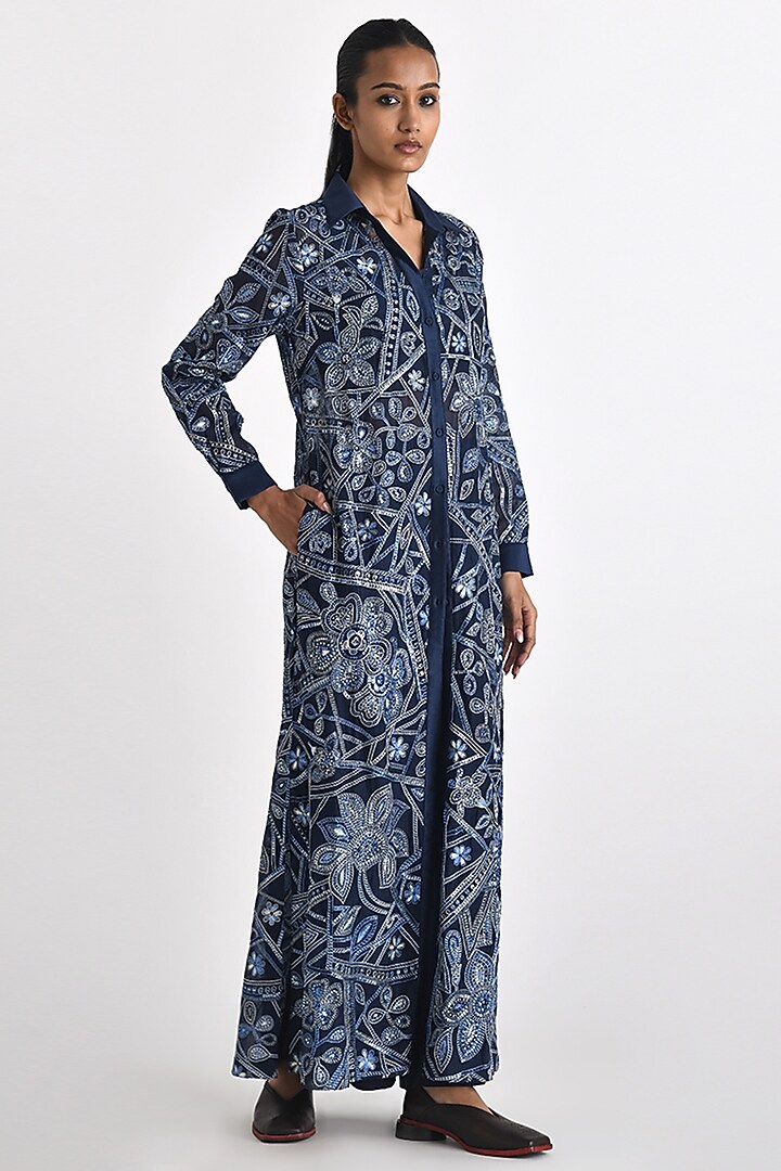 Navy Katan Silk Pant Set by Payal Pratap at Pernia's Pop Up Shop