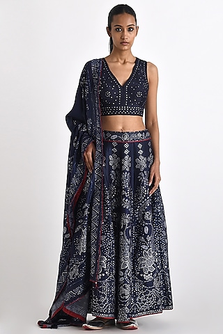 Navy Chanderi Bandhani Printed Panelled Lehenga Set by Payal Pratap