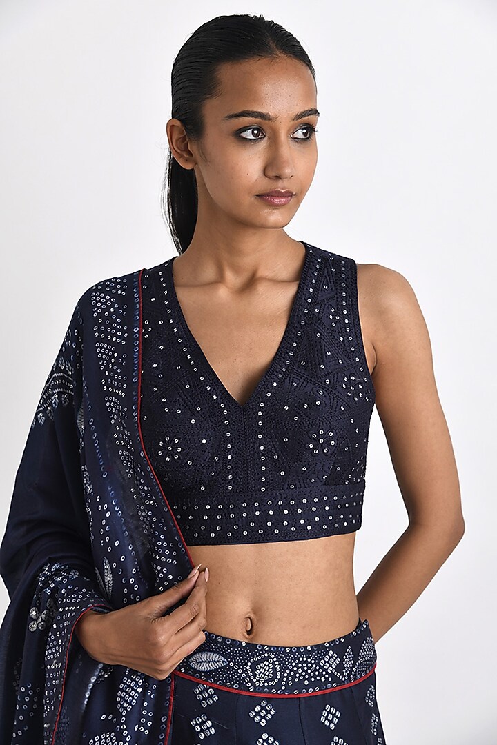 Navy Chanderi Bandhani Printed Panelled Wedding Lehenga Set by Payal Pratap at Pernia's Pop Up Shop