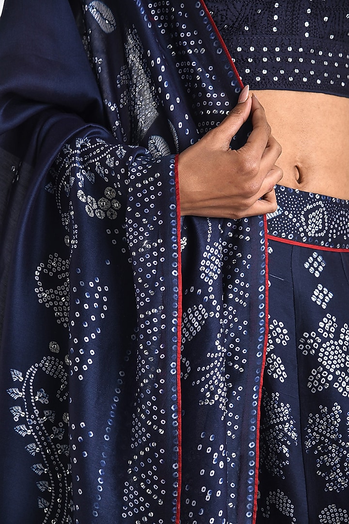 Navy Chanderi Bandhani Printed Panelled Wedding Lehenga Set by Payal Pratap at Pernia's Pop Up Shop