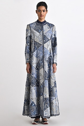 Blue Chanderi Hand Embroidered A-Line Jacket by Payal Pratap