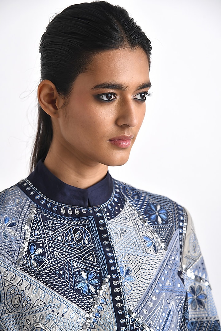 Blue Chanderi Hand Embroidered A-Line Jacket by Payal Pratap at Pernia's Pop Up Shop