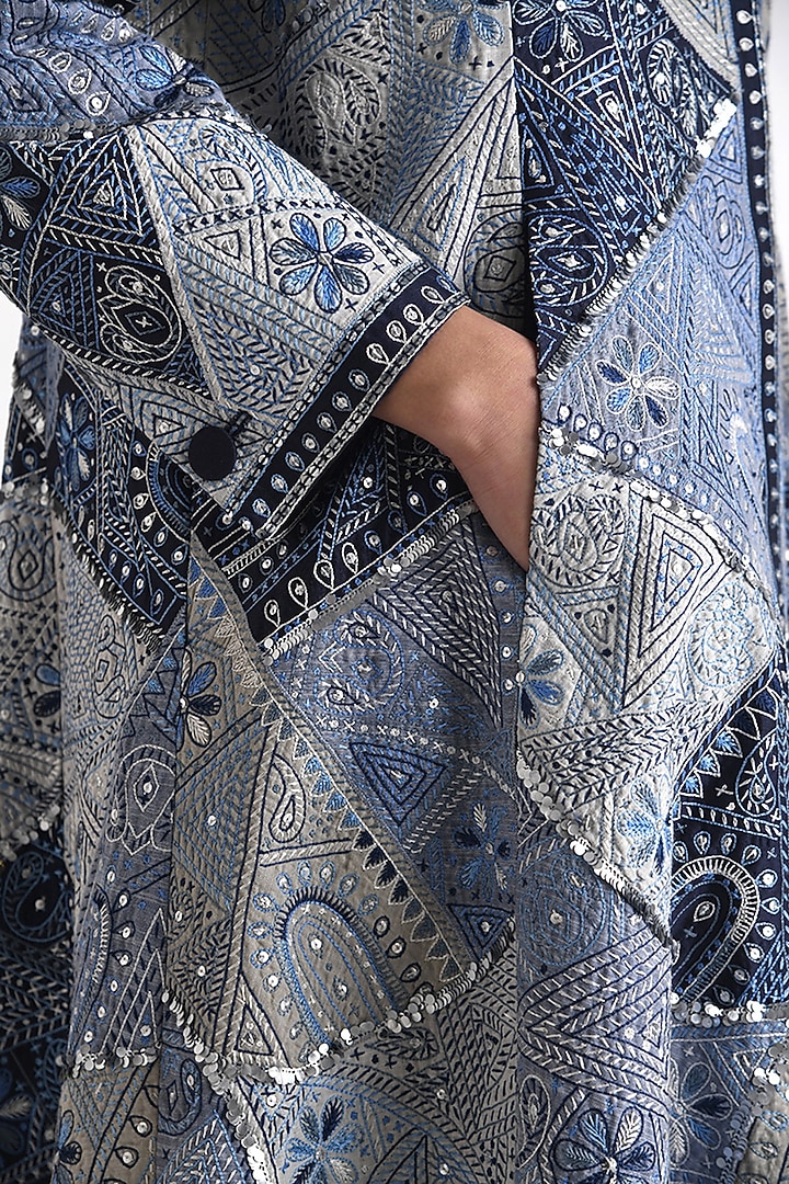 Blue Chanderi Hand Embroidered A-Line Jacket by Payal Pratap at Pernia's Pop Up Shop