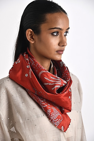 Red Silk Bandhani Printed Scarf by Payal Pratap