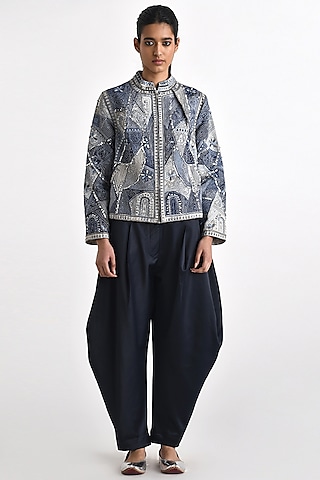 Blue Cotton Linen Hand Embroidered A-Line Jacket by Payal Pratap