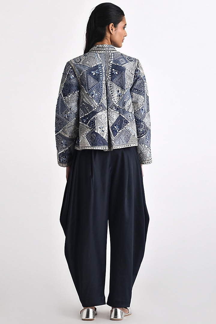 Blue Cotton Linen Hand Embroidered A-Line Jacket by Payal Pratap at Pernia's Pop Up Shop