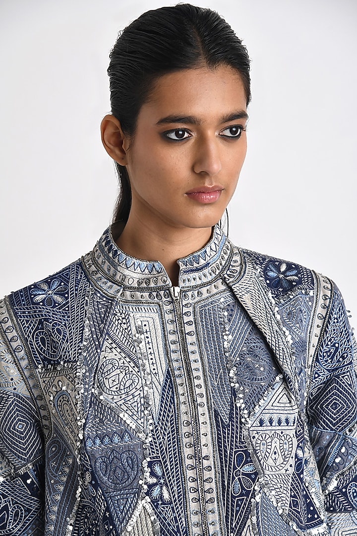 Blue Cotton Linen Hand Embroidered A-Line Jacket by Payal Pratap at Pernia's Pop Up Shop