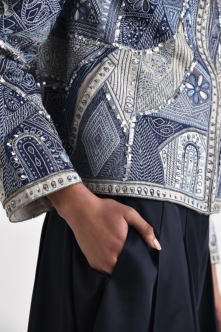 Blue Cotton Linen Hand Embroidered A-Line Jacket by Payal Pratap at Pernia's Pop Up Shop