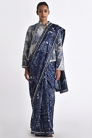 Navy Silk Bandhani Printed Saree by Payal Pratap
