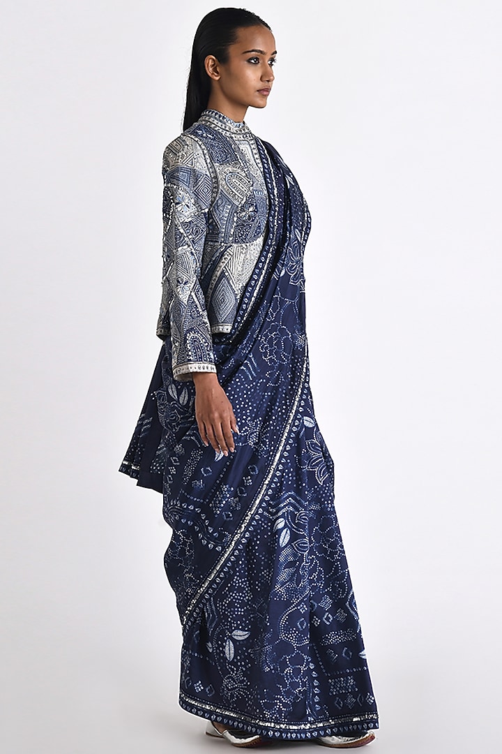 Navy Silk Bandhani Printed Wedding Saree by Payal Pratap at Pernia's Pop Up Shop