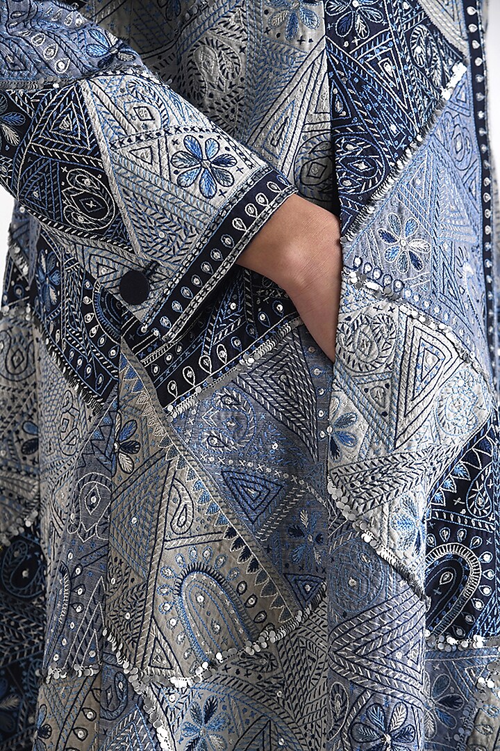 Blue Chanderi Hand Embroidered A-Line Jacket by Payal Pratap at Pernia's Pop Up Shop