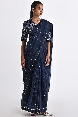 Navy Linen Satin Bandhani Printed Blouse by Payal Pratap