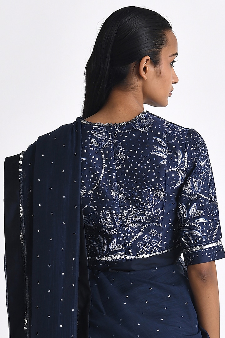 Navy Linen Satin Bandhani Printed Blouse by Payal Pratap at Pernia's Pop Up Shop