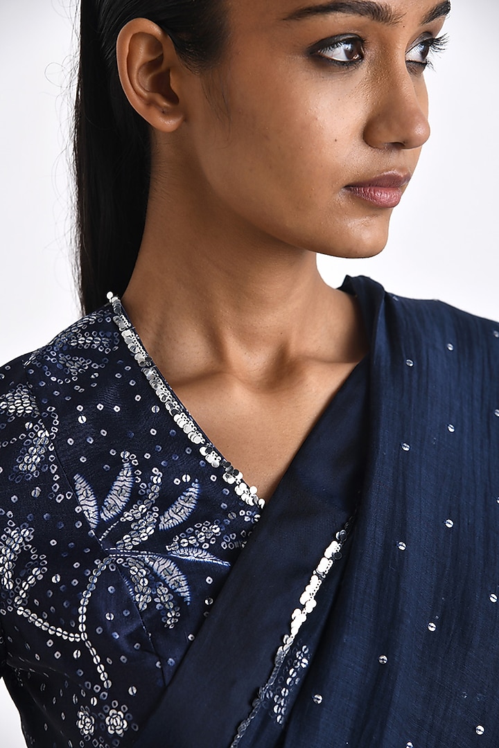 Navy Linen Satin Bandhani Printed Blouse by Payal Pratap at Pernia's Pop Up Shop