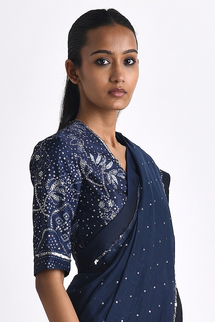Navy Linen Satin Bandhani Printed Blouse by Payal Pratap at Pernia's Pop Up Shop