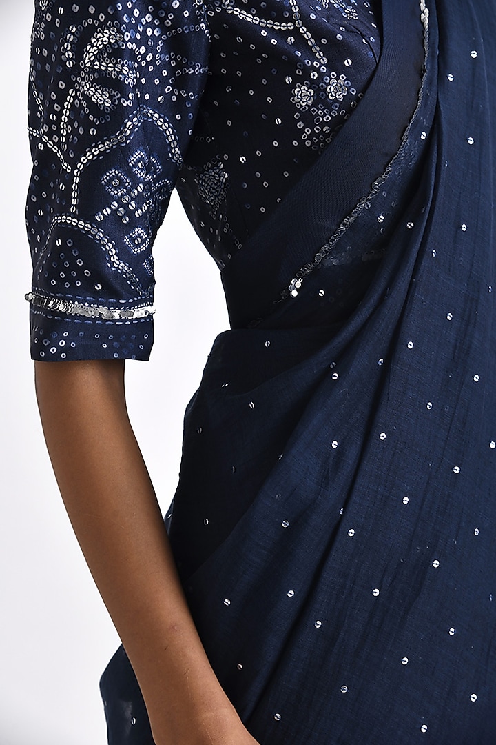 Navy Linen Satin Bandhani Printed Blouse by Payal Pratap at Pernia's Pop Up Shop
